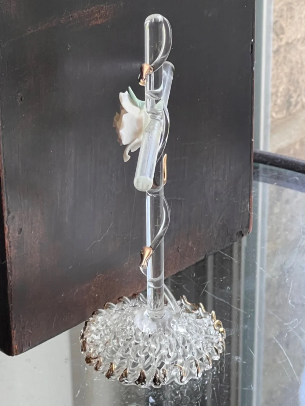 Glass CROSS w/Porcelain Pink Rose and Gold Leaves - Handblown and Knitted Glass